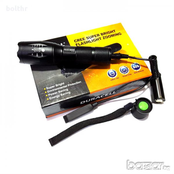 Мощен акумулаторен LED T6 фенер CREE LED Police 80000W със спусък, снимка 1