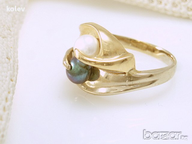 Златен пръстен с черна и бяла перла 4.32 грама, размер №54, снимка 5 - Пръстени - 11214114