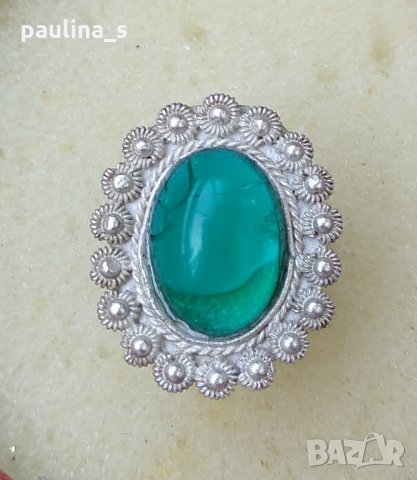 Винтидж / Рядка находка / Сребърен пръстен с кабошон емералд  / Антика / берковски ръчен филигран!  , снимка 2 - Пръстени - 26196558