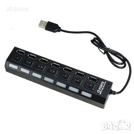 USB hub разклонител 7 порта LED диоди 2.0, снимка 1