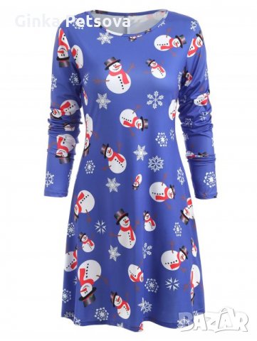 Дамска рокля с принт снежни човеци, снимка 3 - Рокли - 23731498
