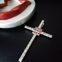  Голям  сребърен кръст с бели и розови циркони, снимка 2 - Колиета, медальони, синджири - 25550261
