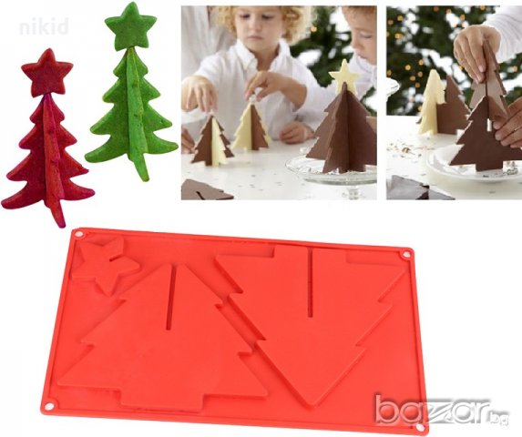 3D двойно сглобяема елха силиконов молд декор украса торта  фондан шоколад тесто отливка гипс , снимка 2 - Форми - 20279083
