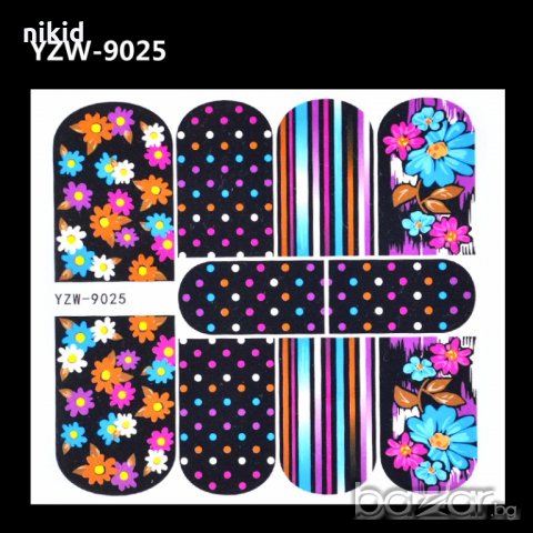 YZW-9025 цветя и точки на черен фон ваденки водни стикери за нокти маникюр, снимка 2 - Продукти за маникюр - 19130796
