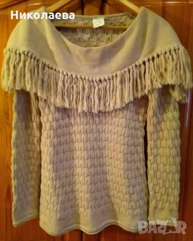 Бежова блуза- плетиво,с платка и ресни., снимка 1 - Блузи с дълъг ръкав и пуловери - 23560071