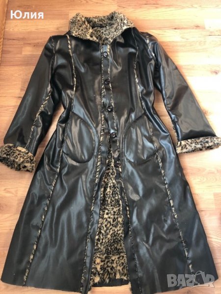 Кожено палто/ манто - черно с леопардов принт, снимка 1
