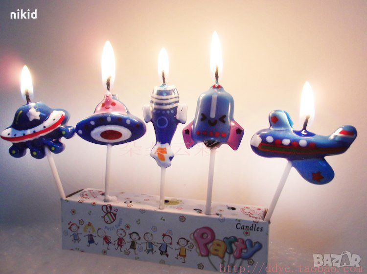 Космос Ракета Самолет 5 бр свещи свещ за торта Рожден ден детско парти топери топер, снимка 1