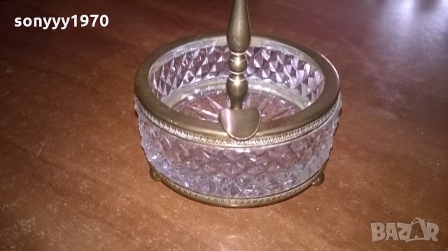 АНТИКА кристал и месинг-ретро пепелник за колекция-14х10см--внос франция, снимка 2 - Антикварни и старинни предмети - 23586731