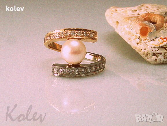 Златен пръстен от бяло и жълто злато с розово-бяла перла 4.87 грама, снимка 3 - Пръстени - 22955772