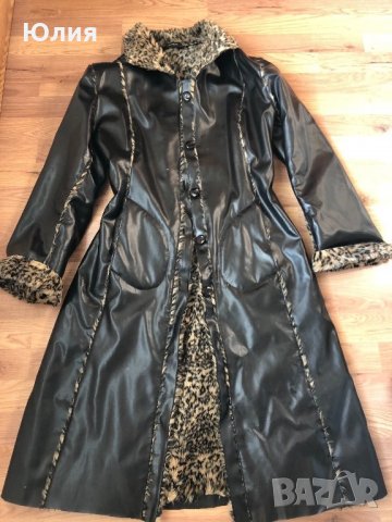 Кожено палто/ манто - черно с леопардов принт, снимка 1 - Палта, манта - 24064565