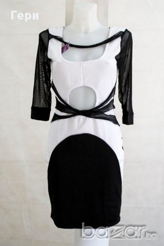 Рокля в черно и бяло с тюлени ръкави - S/M, снимка 3 - Рокли - 18025967