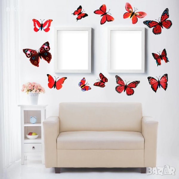 3D 12 бр pvc пъстро червени магнитни и самозалепващи пеперуди декорация за стена и мебел, снимка 1