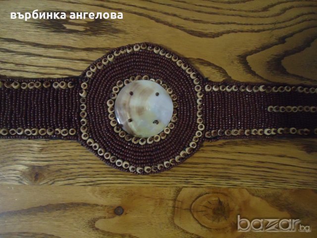 Ръчно изработен колан от седеф, стъклени мъниста и плат, снимка 4 - Антикварни и старинни предмети - 20834500