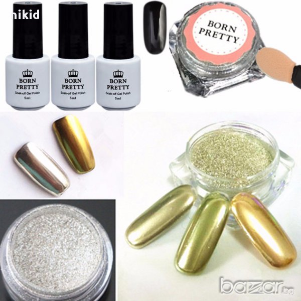 BORN PRETTY златист сребрист  прах  нокти пудра апликатор хромиран UV огледален ефект блясък пигмент, снимка 1