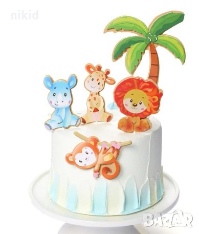 5 бр Сафари Зоо Диви животни Палма лъв жираф маймуна Хипо картонени топер клечки украса декор торта, снимка 1