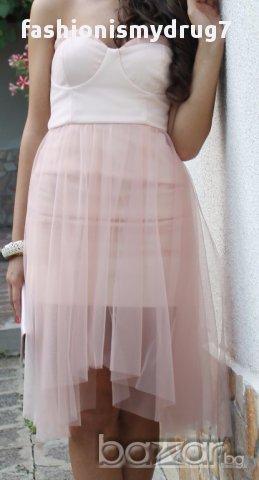 Кремава официална луксозна рокля с воал BERSHKA,S, снимка 6 - Рокли - 12662694