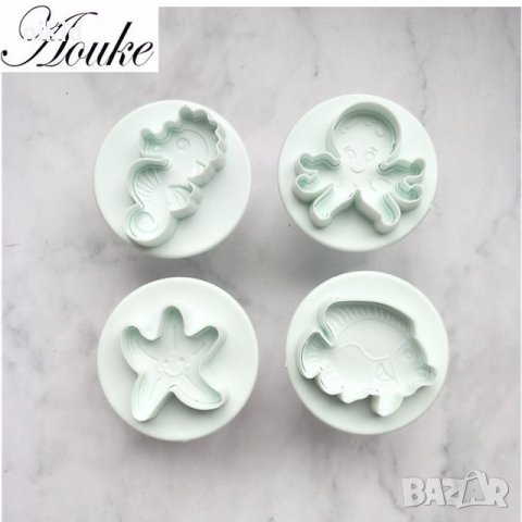 4 морски Октопод Водно конче Морска Звезда Риба пластмасови резци с бутало форми фондан резец форма, снимка 2 - Форми - 21980416