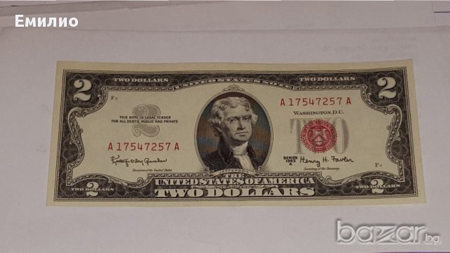 $ 2 Dollars 1963-A Red Seal Note AU-UNC, снимка 2 - Нумизматика и бонистика - 17829948