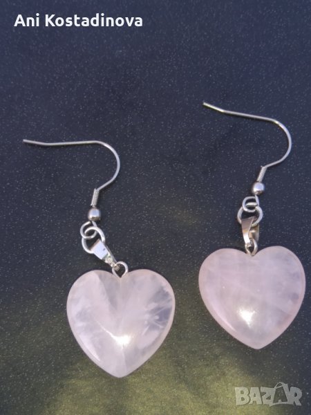Обеци стомана със сърце розов кварц, снимка 1