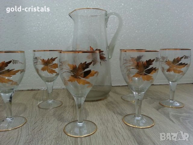 Стъклени чаши и кана с златен кант и гравюра, снимка 3 - Антикварни и старинни предмети - 22703507