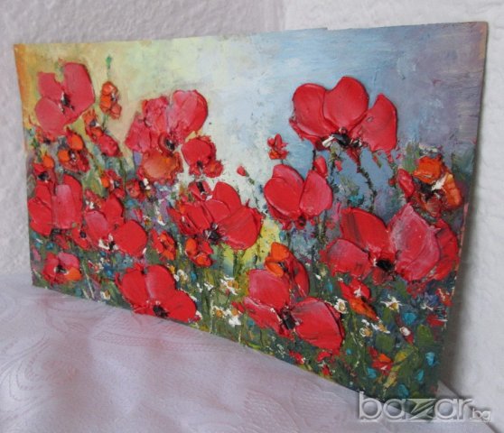 червени цветя картина, Мима / Art by MiMa - маслени бои, макове, снимка 2 - Картини - 20341109