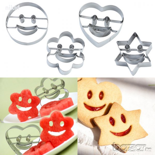 сет 4 големи метални резци усмивки усмихнати лица Smile форми за сладки тесто линцери резец линцер, снимка 1
