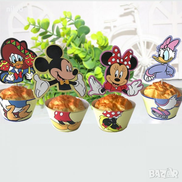 12 бр Големи тела Мики Мини Маус Дейзи Дък топери и кошнички украса декорация за мъфини кексчета, снимка 1