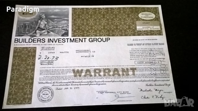 Варант покупка за 12 акции (САЩ) | Builders Investment Group | 1973г., снимка 1 - Нумизматика и бонистика - 25233354