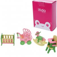 комплект за детска играчка дървена къща обзавеждане бебешка количка кошара конче клатушка и стол  , снимка 1 - Играчки за стая - 24593023