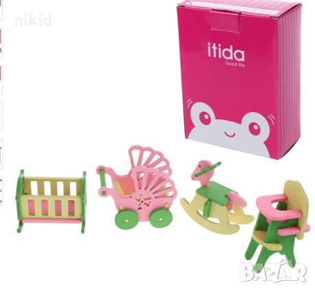 комплект за детска играчка дървена къща обзавеждане бебешка количка кошара конче клатушка и стол  , снимка 1