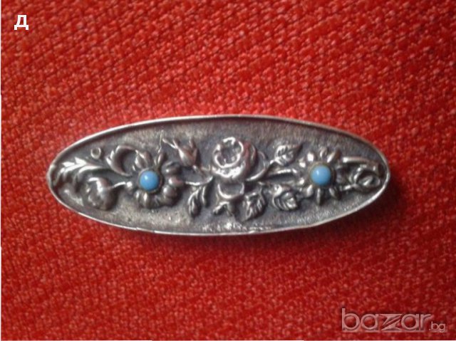 Стара сребърна брошка с  тюркоаз ръчна изработка, снимка 2 - Колиета, медальони, синджири - 15443494