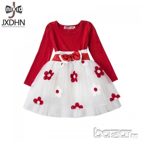сладка бебешка рокля червено бяла на цветя, снимка 1 - Бебешки рокли - 18466371