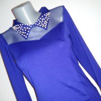  дамска блуза с перли на яката синя, снимка 1 - Блузи с дълъг ръкав и пуловери - 23366534