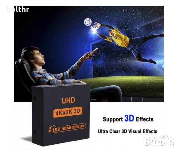4K HDMI СПЛИТЕР 1 КЪМ 2 ЗА HDTV, DVD, PS3, снимка 2 - Приемници и антени - 25388333