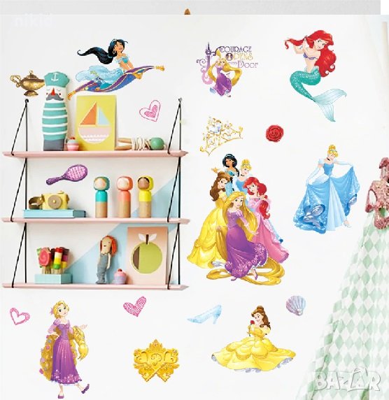 Малък лист с принцеси Малката русалка Ариел Белл Рапунцел Жасмин Пепеляшка стикер за стена и мебел, снимка 1