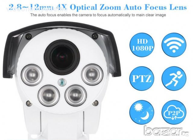 FULL HD 2MP 1080P Моторизирана PTZ WIFI IP Камера Varifocal 4X Zoom Kарта Слот УдароВодоуст, снимка 10 - Камери - 18307557