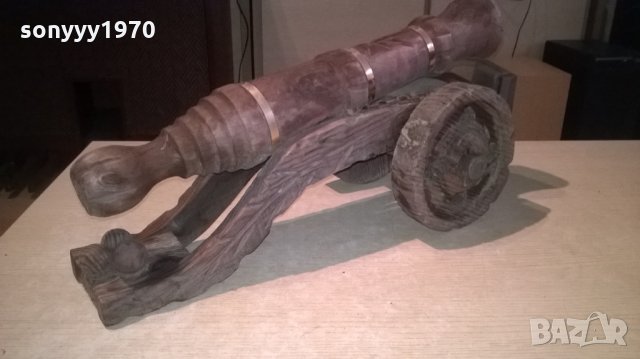 оръдие-топ-дърво и месинг-52х27х25см-внос швеицария, снимка 5 - Антикварни и старинни предмети - 23741780