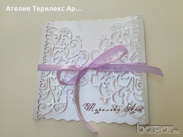 Нежна сватбена покана в бяла перла и лилаво, снимка 1 - Декорация - 20767065