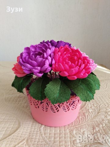 Цветя от хартия-Кълбести хризантеми, снимка 2 - Изкуствени цветя - 24676147