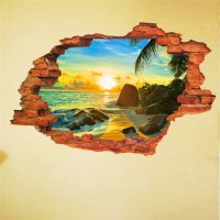 3D  Пейзаж скалист плаж море и палма през стена дупка лепенка за стена стикер самозалепващ, снимка 1 - Други - 22003507