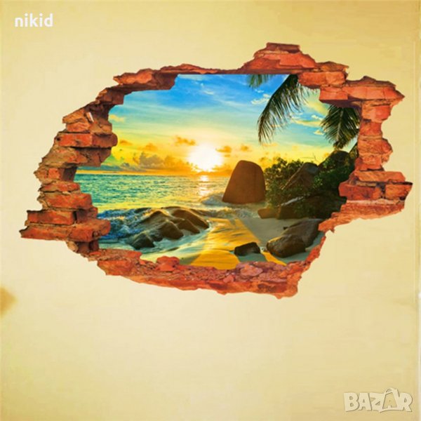 3D  Пейзаж скалист плаж море и палма през стена дупка лепенка за стена стикер самозалепващ, снимка 1