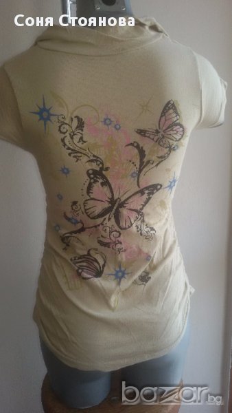 Дамска тениска С/М бежова, пеперуди, памук, без следи от употреба, снимка 1