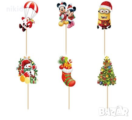 24 бр Коледни Миньони Мики Маус Снежко Дядо Коледа топери клечки декорация за сладки мъфини парти, снимка 1