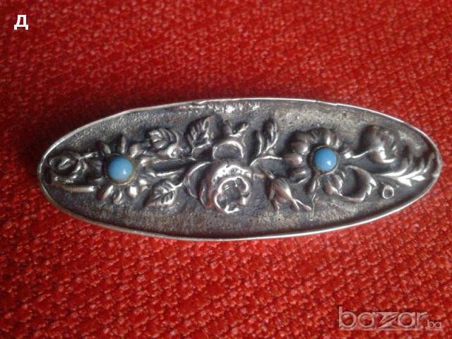 Стара сребърна брошка с  тюркоаз ръчна изработка, снимка 3 - Колиета, медальони, синджири - 15443494