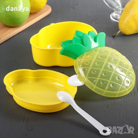 Детска кутия за обяд с 2 отделения и лъжичка Ананас кутия за храна, снимка 2 - Кутии за храна - 25617005