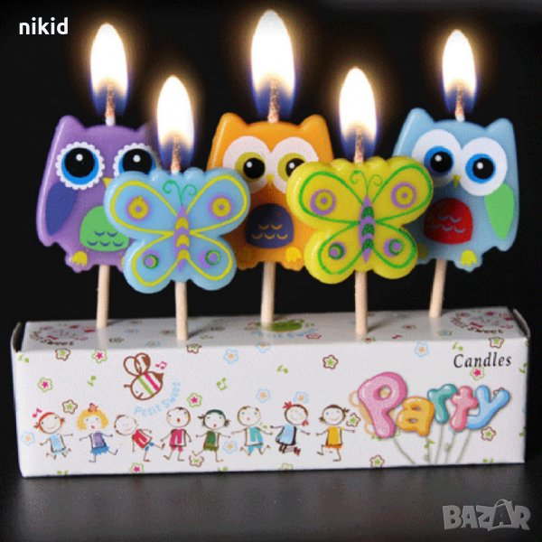 Бухалчета и пеперудки 5 бр свещи свещ за торта Рожден ден детско парти топери топер, снимка 1