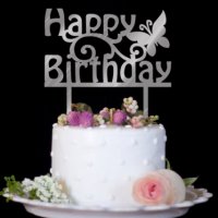 сребрист Happy Birthday с пеперуда твърд Акрил топер за торта украса декорация надпис Рожден ден, снимка 1 - Други - 22430884