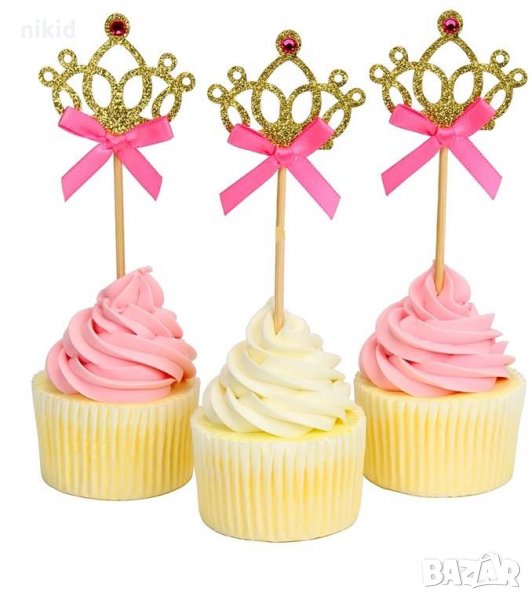 Златиста корона с розова панделка и камъчета топер украса за мъфини кексчета парти , снимка 1