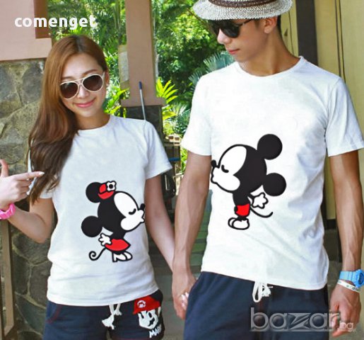 СВЕТИ ВАЛЕНТИН ЗА ВЛЮБЕНИ! LOVE тениски Mickey & Minnie KISS! ПОРЪЧАЙ модел С ТВОЯ ИДЕЯ!, снимка 1 - Тениски - 9672324