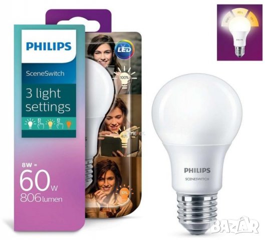 LED Крушка Philips, 8W=60W, 806 lumen, 1крушка=3светлинни настройки, снимка 2 - Лед осветление - 25542248